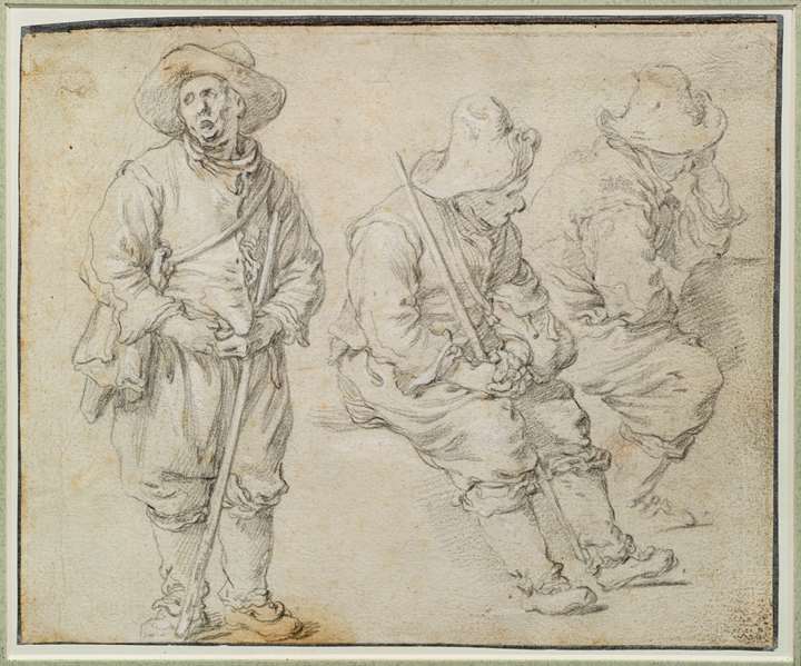 Recto: a sheet of studies of seated woman, seated and standing men, and a peasant couple conversing on a bench.
Verso: three studies of a peasant.